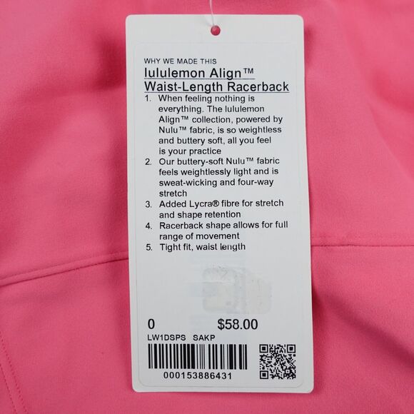 New Lululemon Size 0 Align Waist Length Racerback Built In Bra SAKP Pink $58 - Picture 5 of 5